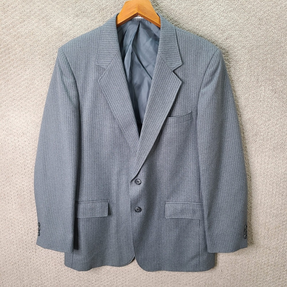 Vintage Oakton Jacket Mens 42L Gray Striped Blazer Poly Nylon Perma Press Coat